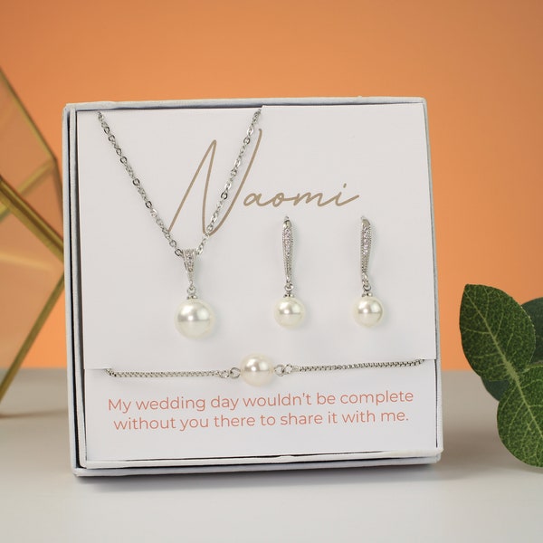 Hook Round Pearl Bridesmaid Jewelry Set | Bridal Party Gift | CZ Jewelry | Matron Of Honor Gift Wedding Imitation Pearl Necklace Earrings