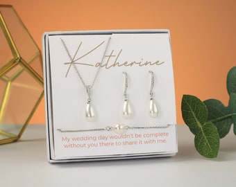 Haken Teardrop Pearl Brautjungfer Schmuckset | Brautparty Geschenk | CZ Schmuck | Matrone Der Ehre Geschenk Hochzeit Nachahmung Perle Halskette Ohrringe