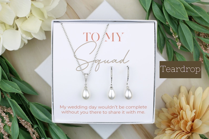 Hook Round Pearl Bridesmaid Jewelry Set To My Squad Gift Bridal Jewelry Matron Of Honor Gift Wedding Imitation Pearl Necklace Earrings White Gold: Teardrop