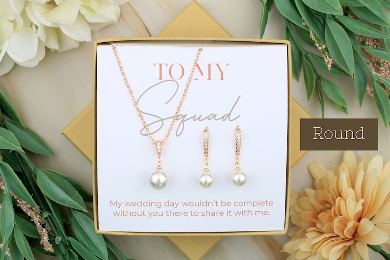 Hook Round Pearl Bridesmaid Jewelry Set To My Squad Gift Bridal Jewelry Matron Of Honor Gift Wedding Imitation Pearl Necklace Earrings Rose Gold: Round