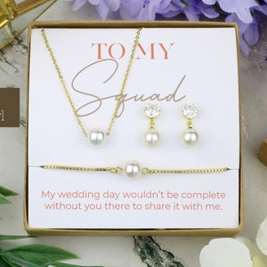 CZ Dangle Pearl Bridesmaid Jewelry Set | To My Squad Gift | Bridal Jewelry | Matron Of Honor Gift Wedding Imitation Pearl Necklace Earrings