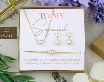Conjunto de joias para damas de honra com pérolas e zircônias | Presente para festa de casamento