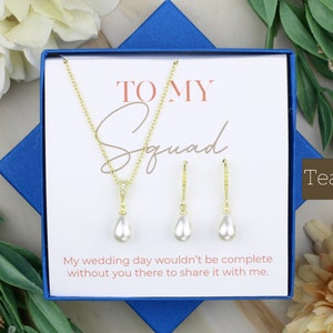 Hook Round Pearl Bridesmaid Jewelry Set To My Squad Gift Bridal Jewelry Matron Of Honor Gift Wedding Imitation Pearl Necklace Earrings Gold: Teardrop