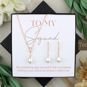 Hook Round Pearl Bridesmaid Jewelry Set To My Squad Gift Bridal Jewelry Matron Of Honor Gift Wedding Imitation Pearl Necklace Earrings Rose Gold: Teardrop