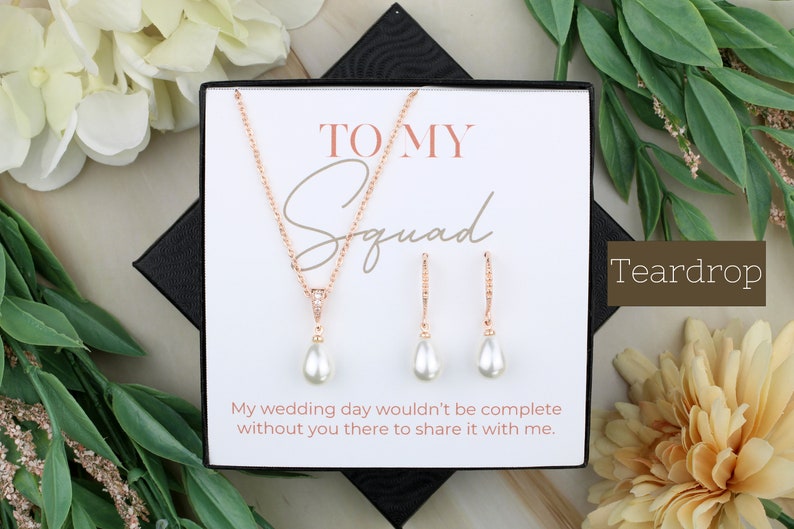 Hook Round Pearl Bridesmaid Jewelry Set To My Squad Gift Bridal Jewelry Matron Of Honor Gift Wedding Imitation Pearl Necklace Earrings Rose Gold: Teardrop