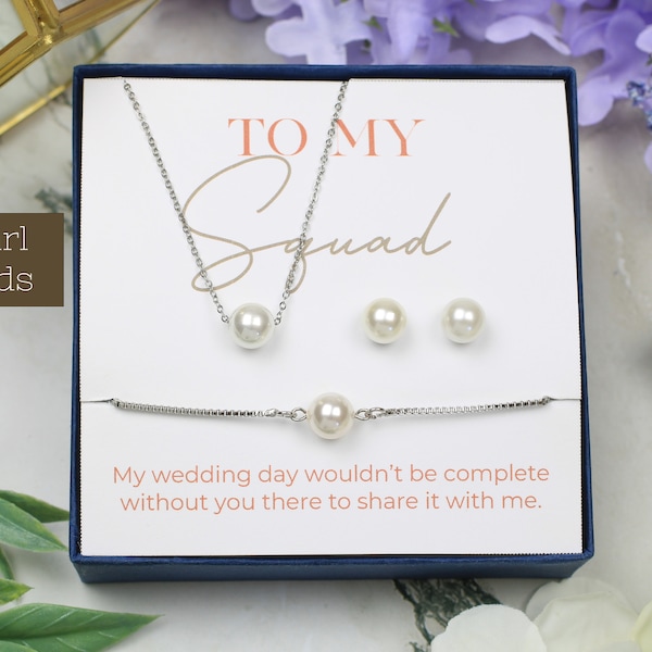 Pearl Studs Bridesmaid Jewelry Set | To My Squad Gift | Bridal Jewelry | Matron Of Honor Gift | Wedding Imitation Pearl Necklace Earrings