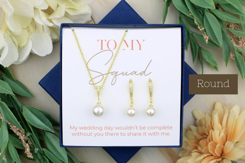 Hook Round Pearl Bridesmaid Jewelry Set To My Squad Gift Bridal Jewelry Matron Of Honor Gift Wedding Imitation Pearl Necklace Earrings Gold: Round