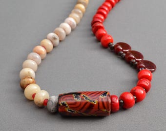 Handmade Jade & Bamboo Coral Necklace: Natural Stone Glass Beads