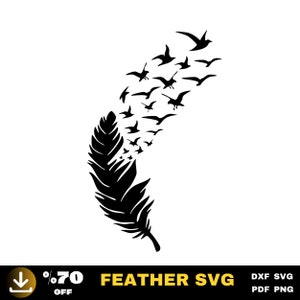 Feather Svg, Feather and Flying Birds Svg, Silhouette Brids Svg Cut Files for Cricut, Digital Download-PNG-DXF-PDF