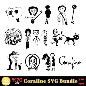 コララインとボタンのSVGバンドル、コララインとボタンの顔SVG、コララインとボタンの幽霊の子供たちSVGカットファイル、コララインとボタンのその他の母親SVG、デジタルダウンロード-PNG