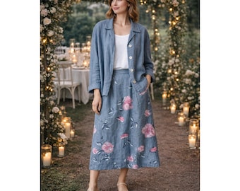 Clio Vintage 100% Linen 2 Piece Floral Jacket Hand Painted Maxi Skirt Small USA