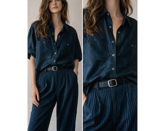 Camisa Tess Vintage de los 90, estilo Y2K, 100% seda, manga corta, abotonada, azul marino y negro, talla grande.