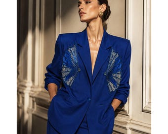 Vintage 80s 90s Giulia Carla Cobalt Blue Beaded Art Blazer Jacket Maximalist
