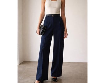 Givenchy Paris New York Vintage 80s 90s Navy Wide Leg High Waist Trousers Pants