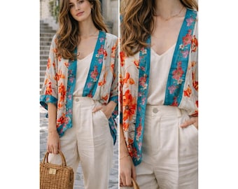 Tolani Floral Kimono Wrap Open Front Cover Up Teal Orange One Size