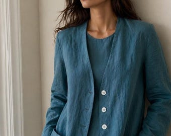 Chaqueta tipo blazer sin cuello y con botones delanteros, color azul verdoso vintage de Karen Kane, talla grande para mujer.