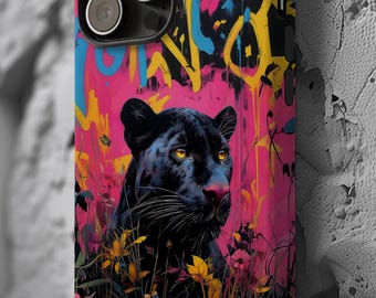 Black Panther Phone Case — Pink Graffiti Background, Maximalist Style, Tough Phone Cover Case, Protective Phone Shell, Big Cat Panther Lover