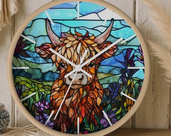Highland Cow Stained Glass Wall Clock, Rustic Home Decor, Irish Cow Gift, Irish Cow Wall Clock, Animal Lover Gift, Farmhouse Wall Art