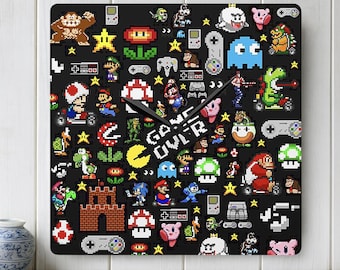 Retro Gaming Acrylic Gamer Wall Clock - Arcade Gamers, Black Game Room Decor, Pixel Art, 90s Video Game Art, Mario Video Game Clock, Kid's