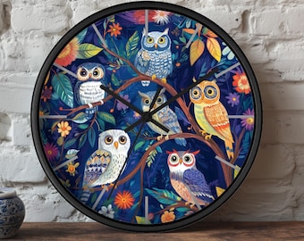 Reloj de pared de 25 cm con temática de búho, reloj de búho colorido, decoración natural, detalles bohemios para el hogar, regalo perfecto para amantes de los búhos, arte de pared para habitación infantil.