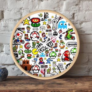 Retro Gaming 10&quot; Wall Clock - Nintendo Arcade Gamers Gift, Game Room Decor, Pixel Art Timepiece, Mario Video Game Clock, Kid&#39;s Room Accent