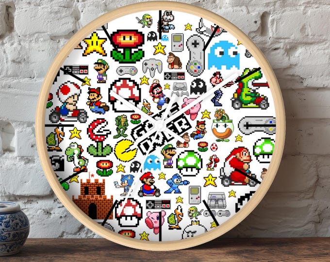 Retro Gaming 10" Wall Clock - Nintendo Arcade Gamers Gift, Game Room Decor, Pixel Art Timepiece, Mario Video Game Clock, Kid's Room Accent