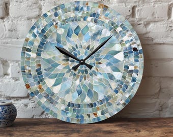 Mosaic Acrylic Wall Clock Mother of Pearl Shell Print Design, Stylish Home Decor, Coastal Beach Decor, Housewarming Gift, Decorative Clock