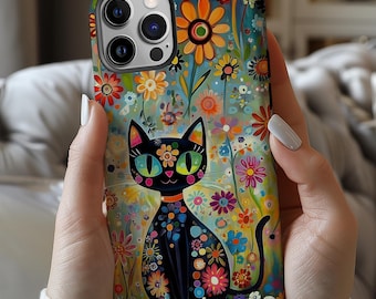 Whimsical Kitty Cat Boho Floral Flower Tough Phone Case Cover | IPhone PRO Max Plus 16 15 14 13 | Pixel 9 8 7 6 | Galaxy S 25 24 23 22 Ultra