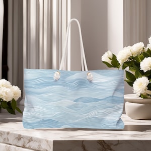 Overnight Shoulder bag | Weekender Travel Bag | 24x13 Canvas Travel Tote Bag | Blue White Coastal Artistic  Blue Ocean Water Waves Bag