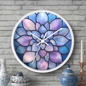 Stained Glass Print Flower Wall Clock, Floral Wall Clock, Home Decor, Winter Floral Clock, Boho Wall Art, Housewarming Gift Decorative Clock