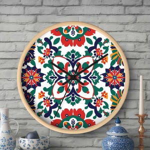 Mexican Tile Wall Clock, Boho Floral Wall Clock | Colorful Home Decor, Unique Gift for Home, Office Wall Clock, Housewarming Gift, Timepiece