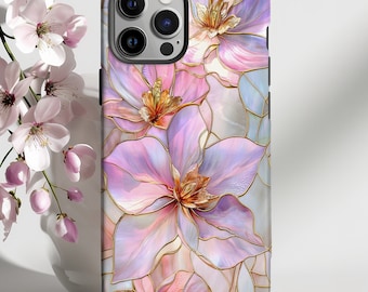 Pink Purple Mother of Pearl Stained Glass Flower Tough Case Cover | IPhone PRO Max Plus 16 15 14 13 | Pixel 9 8 7 Galaxy S 25 24 23 22 Ultra
