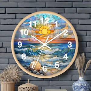 May include: A round wall clock with a wooden frame. The clock face features a stained-glass style design of a beach scene with a sun, waves, and seashells. The clock hands are white, and the numbers are large and easy to read.