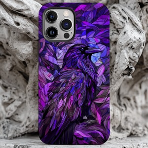 Capa de celular com vitral roxo rosa roxo corvo corvo pássaro | iPhone PRO Max Plus 16 15 14 13 | Pixel 9 8 7 6 | Galaxy S 25 24 23 22 Ultra