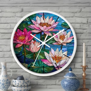 Lotus Stained Glass Style Flower 10&quot; Wall Clock, Floral Home Decor, Unique Gift for Nature Lovers, Zen Living Room, Wall Art for Meditation