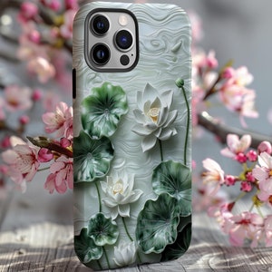 Botanical Jade Lotus Flowers Pearl White Sky Phone Case Cover | IPhone PRO Max Plus 16 15 14 13 | Pixel 9 8 7 6 | Galaxy S 25 24 23 22 Ultra