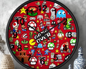 Retro Gaming 10-inch Wall Clock - Gift for Gamers, Game Room Decor, Mario Pixel Art Timepiece, Nintendo Video Game Clock, Kid's Room Accent