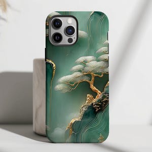 Asian Jade Carving Bonzai Tree Tough Phone Case | Iphone Mini Plus Pro Max XR 15 14 13 | Galaxy S 24 23 22 21 | Pixel Ultra Tough Case Cover