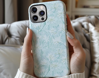 Aqua Blue Coastal Boho Marine Floral Tough Phone Case Cover | IPhone PRO Max Plus 16 15 14 13 | Pixel 9 8 7 6 | Galaxy S 25 24 23 22 Ultra