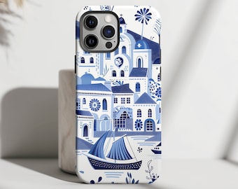 May include: A white iPhone case with a blue and white pattern of a cityscape and a sailboat. The case has a camera cutout and a white background.