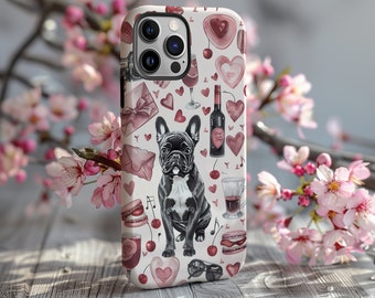 May include: A phone case with a pink and white design featuring a French bulldog, hearts, wine bottles, and other romantic elements.