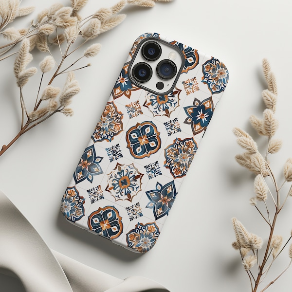 Portuguese White Ceramic Mosaic Tile Style | Iphone Mini Plus Pro Max XR 15 14 13 | Galaxy S 24 23 22 21 | Pixel Ultra Tough Case Cover