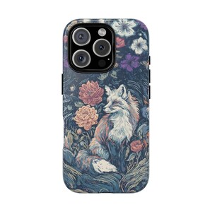 May include: A phone case featuring a detailed illustration of a fox amidst a floral garden. The design incorporates a palette of blues, pinks, and greens, with the fox's fur rendered in shades of orange and white. The case has a glossy finish and a camera cutout.