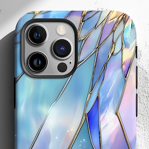 May include: A phone case featuring an abstract design in shades of blue, purple and gold. The design has a stained glass effect with geometric shapes.