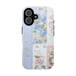 May include: A phone case with a floral pattern. The case is made of a hard plastic and has a clear back. The floral pattern is a patchwork of different flowers and colors, including pink, blue, and white.