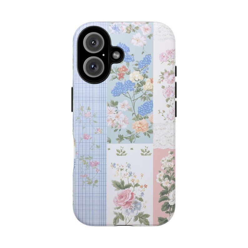 May include: A phone case with a floral pattern. The case is made of a hard plastic and has a clear back. The floral pattern is a patchwork of different flowers and colors, including pink, blue, and white.