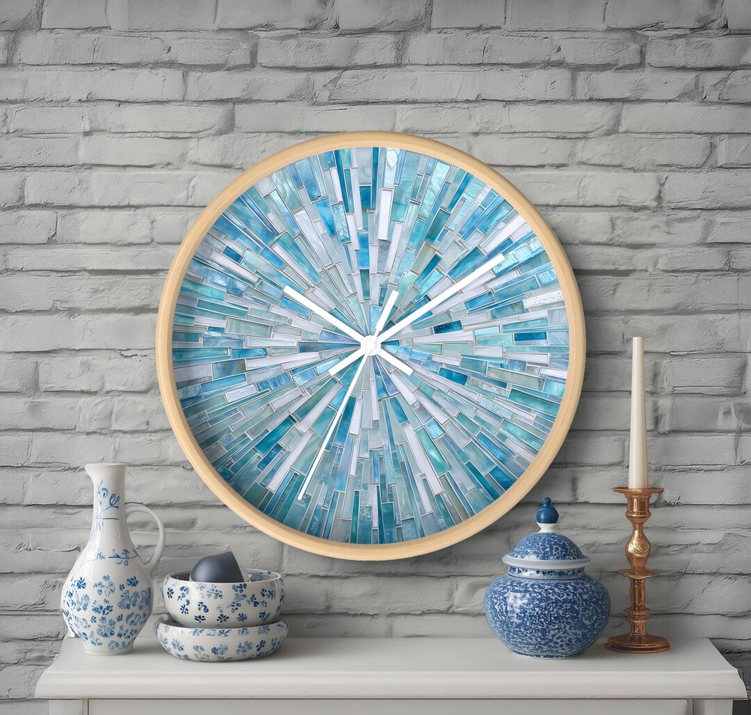 Tile Clock Mosaic Tile Print Aqua Blue Wall Clock - Decorative Wall Clock, Coastal ...