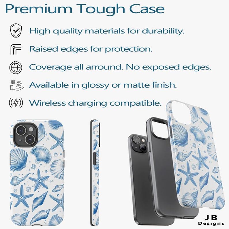 May include: A white phone case with a blue seashell and starfish pattern. The case is shown from multiple angles, including the front, side, and a slightly angled view. The text "Premium Tough Case" is at the top.