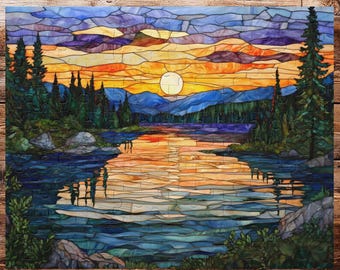 May include: A stained glass style painting depicting a lake scene with a sunset over the mountains. The lake is blue and the mountains are purple and blue. The sun is a bright yellow and orange.