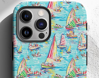 Coastal Sail Boats Nautical Coastal Pattern Tough Phone Case Cover | IPhone PRO Max Plus 16 15 14 13 | Pixel 9 8 7 Galaxy S 25 24 23 Ultra